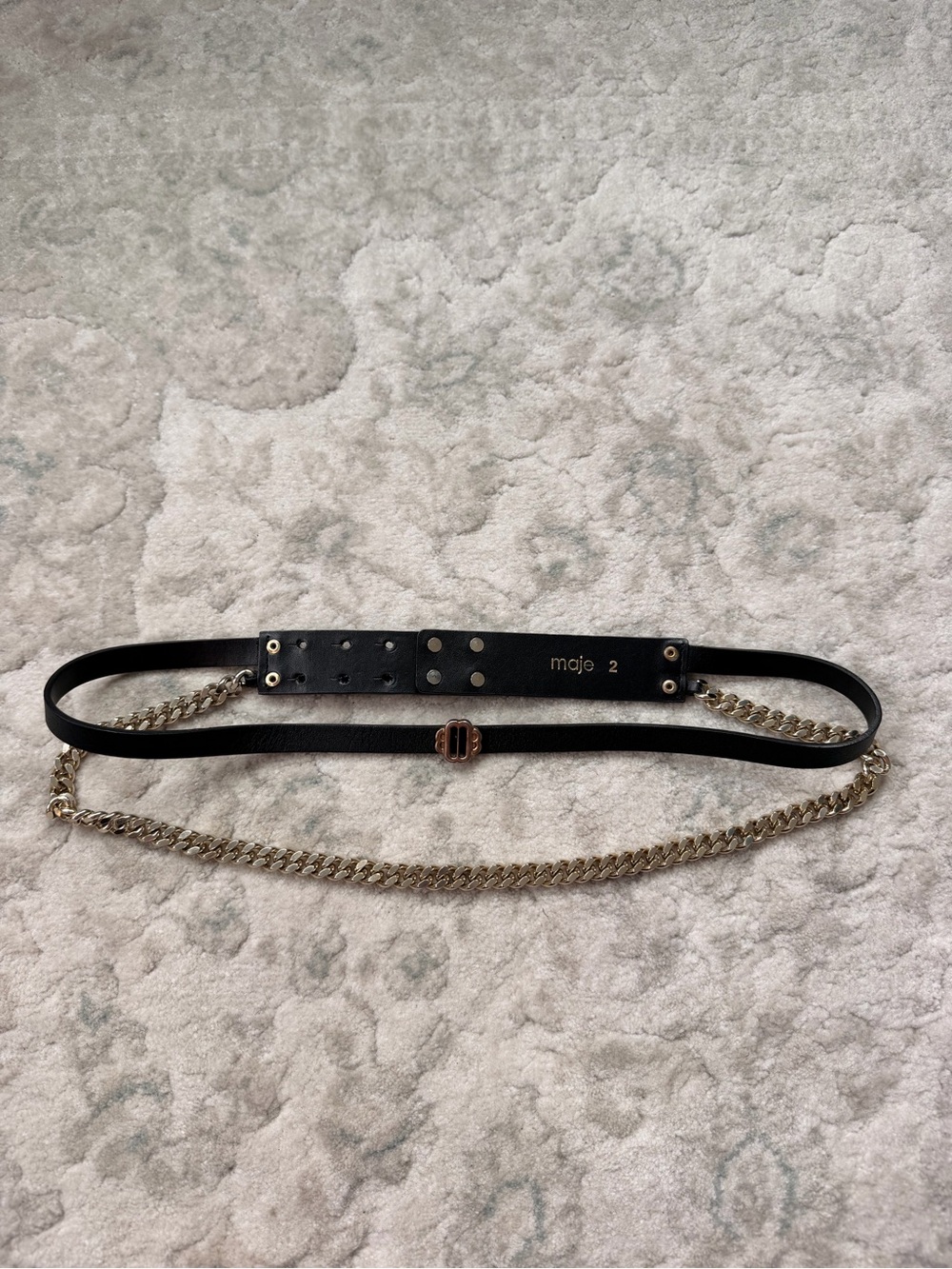 Maje Black Leather Belt with Gold Chain Detail